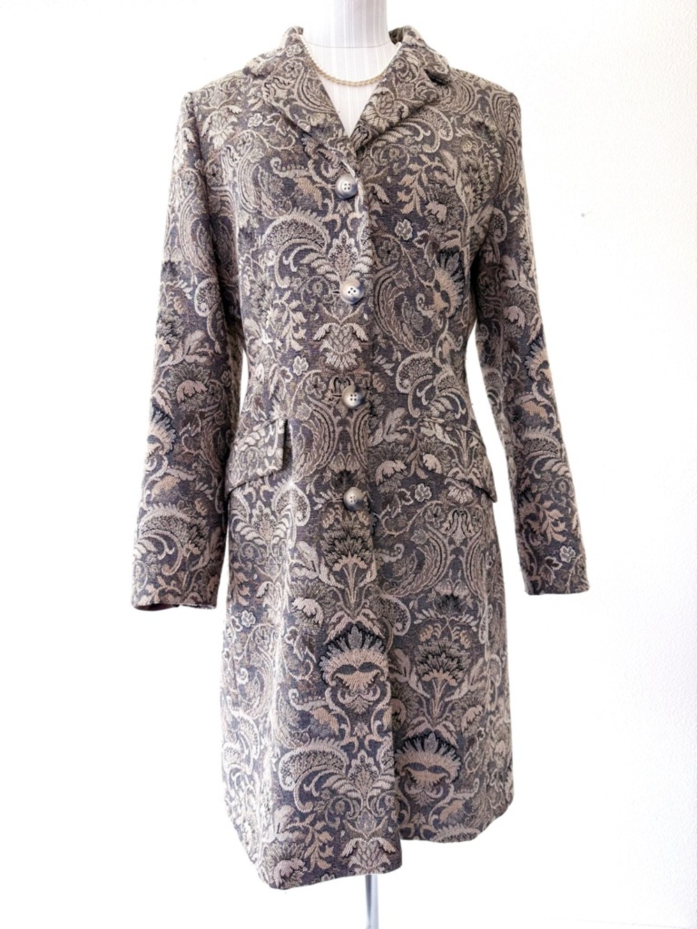Vintage Charles Gray London Tapestry Floral Brocade Overcoat Jacket Tan Black S